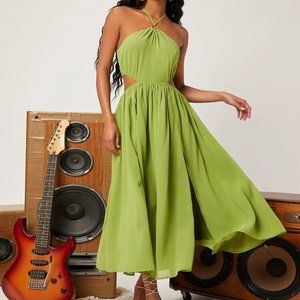 NWOT Cutout Tie Neck Halter Midi Dress Green Chiffon
